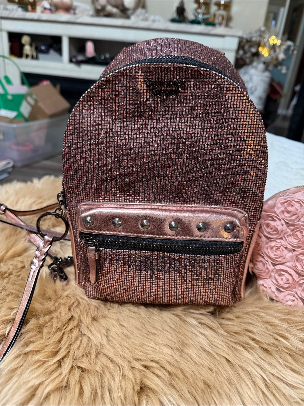 Victoria Secret Pink Studded Bling Mini Backpack & Pink Rosette Makeup Bag - Picture 2 of 12